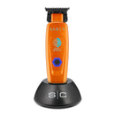 Orange cordless trimmer on black charging stand base with blue hex button