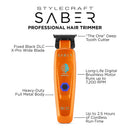 Orange SABER professional hair trimmer with black DLC blade and digital controls