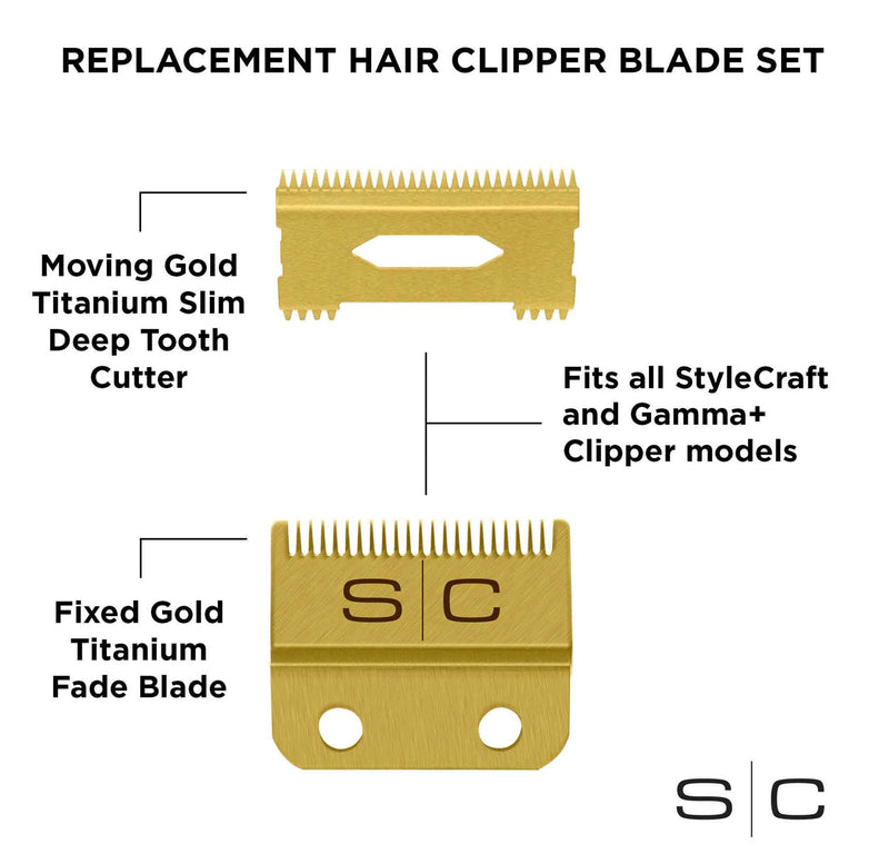 StyleCraft Fixed Gold Titanium Fade Replacement Clipper Blade w/ Gold Titanium Moving Slim Deep Tooth Cutter Set (SC521G)