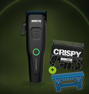 Black clipper with blue blade and green power light, shown with blade add-ons