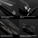 Black GHD Sculpt flat iron feature view: glow power button, swivel cord, X noseguard