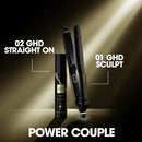 Black GHD Sculpt flat iron with styling bottle in POWER COUPLE promo