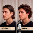Sea salt spray before-and-after on men's hair, with black-trigger spray bottle.