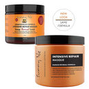 Intensive repair hair masque jars, orange tubs with black caps, two containers shown