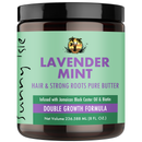 Lavender Mint hair butter jar showing mint-green label and purple “hair & strong roots” text