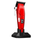 Red cordless hair clipper with black guard and charging stand base