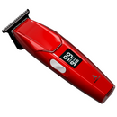 Red cordless hair trimmer close-up showing blade and control LCD