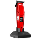 Red cordless hair trimmer with black base and LCD power display