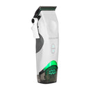 White hair clipper with adjustable taper lever and green LED battery screen