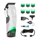 White hair clipper with charging cord, blade cover, and six green precision guards