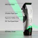 White hair clipper with green LED screen, taper lever, and ergonomic rubber grip