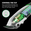 White hair clipper with green accents, showing blade area and LED power control