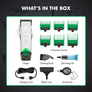 White hair clipper kit with 6 precision guards, cleaning brush, oil, and charging cord