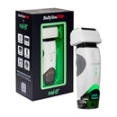 White foil shaver with green accents shown with retail box packaging