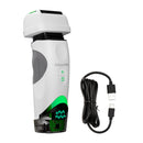 White electric foil shaver with green accents, plus USB charging cable