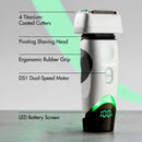 White foil shaver with pivoting head, ergonomic grip, and green LED battery screen