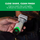 White wireless foil shaver with green LED display, held in hand for shaving
