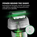 Foil shaver with visible cutting blades and green power indicator glow