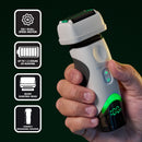 White foil shaver with green accents, compact ergonomic grip, and power button