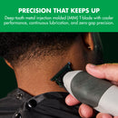 White wireless charging trimmer held near beard with green LED battery screen