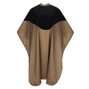 Two-tone salon barber cape with black neck panel and tan waterproof fabric