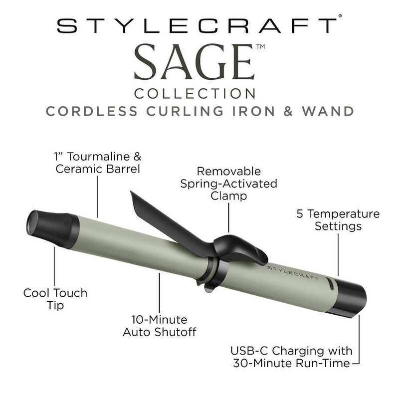 StyleCraft Sage Cordless Spring Curling Iron & Wand w/ Removable Clamp - 1" (SC718GR)
