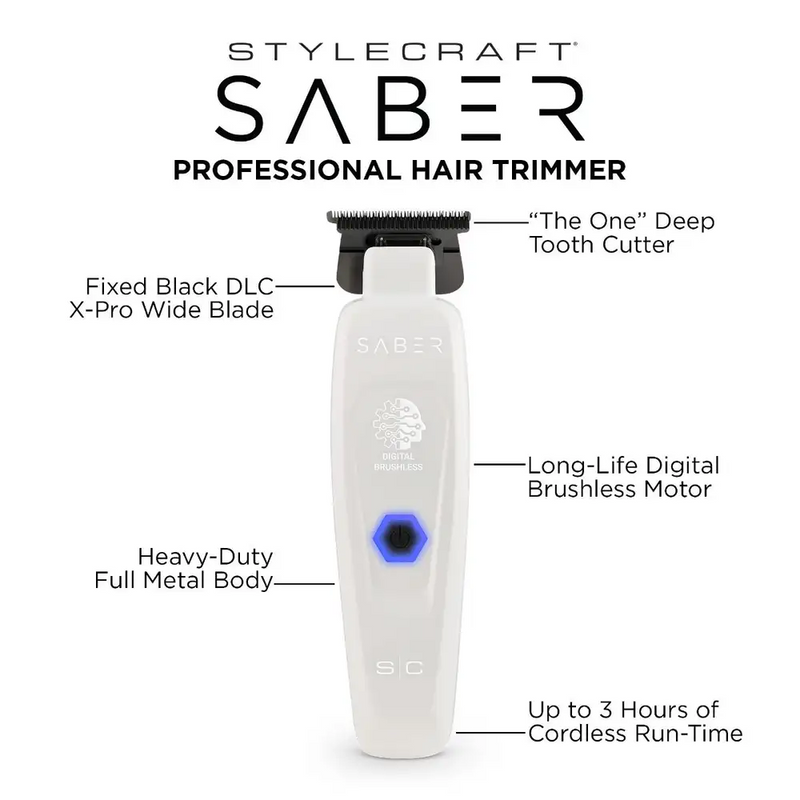 StyleCraft Limited Edition Saber II Cordless Digital Brushless Motor Trimmer - White (SC421W) [PRE-ORDER]