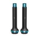 Two black curling attachment barrels with teal tops and base connection points