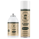 Unscented clipper care spray set: tall can and bottle, both with Royal Kapper beige labels