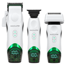 White wireless grooming trimmer set with green LED displays and charging shaver head