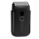 Electric foil shaver in matte black with round power button and raised shaving head