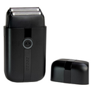 Electric foil shaver in matte black with open head and separate protective cap