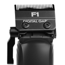 Black cordless hair clipper close-up of F1 Digital Gap blade area