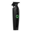 Black cordless hair trimmer with green power button and adjustable clipper blade
