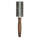 Ceramic barrel hair brush with boar bristles and dark brown wooden handle