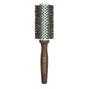 Ceramic barrel hair brush with dense boar bristles and dark brown wooden handle