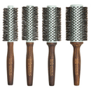 Set of ceramic barrel hair brushes with boar bristles and dark brown wooden handles