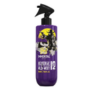 Purple aftershave bottle with black spray nozzle and graphic label, 500ml.