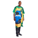 Barber cape with bold blue, green, and yellow abstract print, draped over shoulders