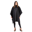 Black chemical cape with wide sleeves and open front, draped over leggings