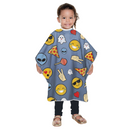 Kids shampoo cape with touch-and-close, blue emoji print, cartoon faces and icons pattern