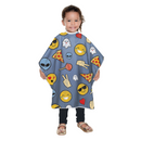Kids styling cape, blue with fun emoji icons, wide neck opening