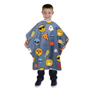 Kids styling cape, blue with emoji faces and food prints, loose poncho fit