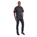 Black short-sleeve barber jacket with high collar and hidden side zipper closure