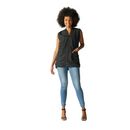 Sleeveless dark vest with front zipper and two patch pockets