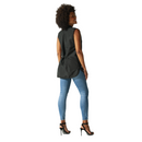 Sleeveless dark vest with back tie detail and two patch pockets