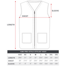 Betty Dain ProStyle Stylist Vest 1280 size chart with length, chest, sleeve