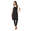 Black sleeveless bib apron with front pocket and adjustable neck strap, side view