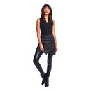 Black bleach-proof apron with gold-trim waistband and gathered hem