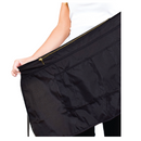Black apron with gold-trim top binding and crinkled fabric panel